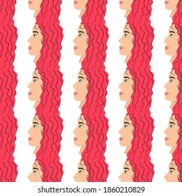 Patrón sin foco con un lindo avatar de una chica maravillosa sobre un fondo blanco. Perfil de una joven en vista lateral en estilo plano. Felices caras relajadas de la gente.
Ilustración vectorial de stock para diseño