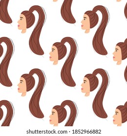 Seamless pattern with a cute avatar of a wondrous girl on a white background. Profile of a young woman in side view in flat style. Happy relaxed faces of people. Stock vector illustration