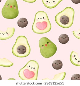 Seamless pattern cute avocado half and slices For greeting card Clothing Fabric Wallpaper Watercolor style