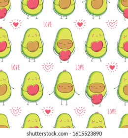 Seamless pattern with cute avocado and hearts for gift wrap, textile, book covers, wallpapers and scrapbook. Background for Valentine's Day, birthday, Mother's Day, wedding. Vector.