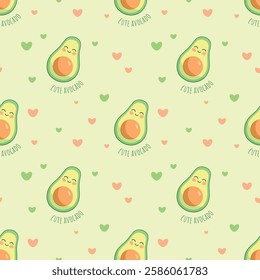 Seamless pattern with cute avocado and hearts in green colors