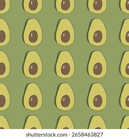 Seamless pattern with cute avocado on green background. Vector image.
