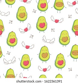Seamless pattern with cute avocados and hearts and with wings. Background for Valentine's Day, birthday, Mother's Day, wedding. Vector.