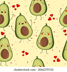 Seamless pattern with cute avocados and hearts. Print for clothing, textiles. 