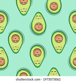 seamless pattern of cute avocados on green background