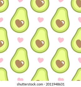 Seamless pattern with cute avocados and pink hearts on a white background for Valentines Day. Funny half avocados in flat cartoon style. Can be used as a wallpaper, wrapping paper, textile print