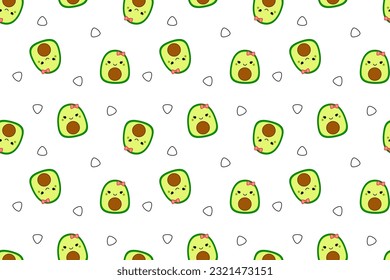 Nahtloses Muster mit süßen Avocados. Squishmallow. Avocado-Mädchen. Kawaii, Vektor. Einzige Vektorgrafik eps10