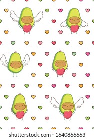 Seamless pattern with cute avocados with wings and hears for gift wrap, textile or book covers, wallpapers and scrapbook. Background for Valentine's Day, birthday, Mother's Day, wedding. Vector.