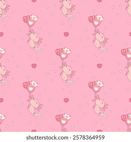 Seamless pattern with cute Axolotl with balloons heart on pink background. Funny Little cartoon kawaii character. Vector illustration. Romantic holiday backdrop.