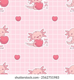 Seamless pattern with cute Axolotl with big heart on checkered pink background.  Romantic valentine backdrop. Funny Little cartoon kawaii character. Vector illustration.