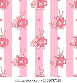 Seamless pattern with cute Axolotl with cup festive hot cocoa with marshmallows and candies on striped white pink background with heart. Funny Little cartoon kawaii animal. Vector illustration