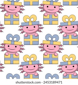 Seamless pattern with Cute Axolotl in gift box