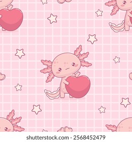 Seamless pattern with cute Axolotl with heart on checkered pink background. Funny Little cartoon kawaii character. Vector illustration. Romantic valentine backdrop