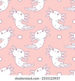 Seamless pattern cute Axolotl on pink background. Outline Little cartoon kawaii animal character. Line drawing. Vector illustration. Kids collection