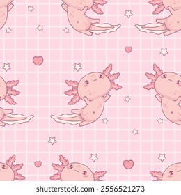 Seamless pattern with cute Axolotl on pink checkered background with heart. Funny Little cartoon kawaii character. Vector illustration. Kids collection