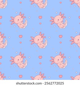 Seamless pattern with cute Axolotl on blue background. Funny Little cartoon kawaii character. Vector illustration 