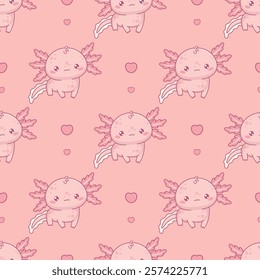 Seamless pattern with cute Axolotl on light pink background with heart. Funny Little cartoon kawaii character. Vector illustration. Romantic background valentine