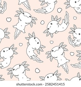 Seamless pattern cute Axolotl on pink background with heart. Funny Little cartoon kawaii character. Outline Line drawing. Vector illustration. Kids collection