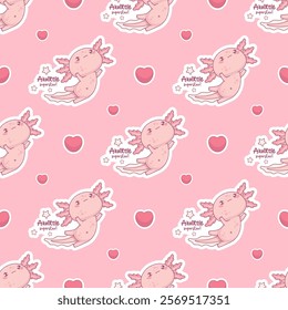 Seamless pattern with cute Axolotl superstar on pink background with heart. Funny Little cartoon kawaii character. Vector illustration. Romantic valentine backdrop