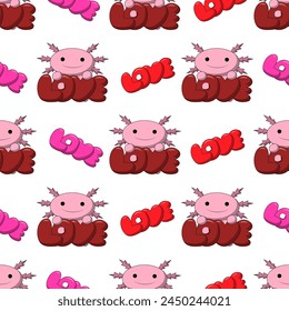 Seamless pattern with Cute Axolotl with word love