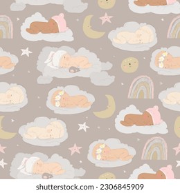 Seamless Pattern with Cute Babies sleeping on a Clouds