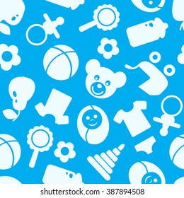 Seamless pattern with cute baby accessories on blue background. Vector illustration.