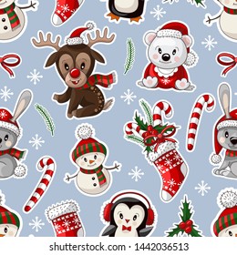 Seamless pattern with cute baby animals on Christmas wear. Vector.