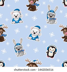 Seamless pattern with cute baby animals on Christmas wear. Vector.