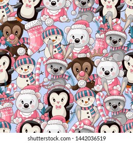Seamless pattern with cute baby animals on Christmas wear. Vector.