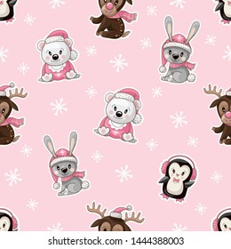 Seamless pattern with cute baby animals on Christmas wear. Vector.