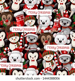 Seamless pattern with cute baby animals on Christmas wear. Vector.