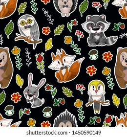 Seamless pattern with cute baby animals and flowers for kids. Bear, raccoon, rabbit, fox and other.