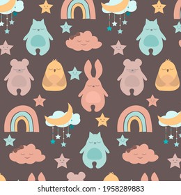 Seamless pattern with cute baby animals. Vector illustration with rabbit, cat, bear, bird, cloud. For children's room, textiles, clothing