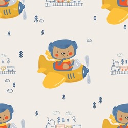 Seamless Pattern With Cute Baby Bear Flying On A Plane. Cartoon Hand Drawn Vector Illustration. Can Be Used For Kid's, Baby's Design.