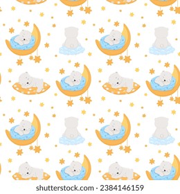 Seamless pattern with cute baby bear sleeping on moon and pillow. Vector cartoon hand drawn childish pattern for kids or newborn. Funny little animal on white background