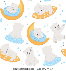 Nahtloses Muster mit süßem Bären, der auf Mond und Kissen schläft. Vektorgrafik handgezeichnet kindisch Muster für Kinder oder Neugeborene. Hübsches kleines Tier auf weißem Hintergrund