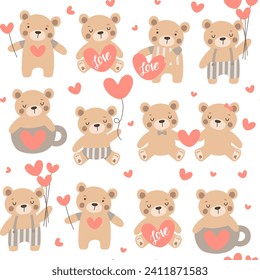 Seamless pattern with cute Baby bear.  Hand drawn vector illustrations