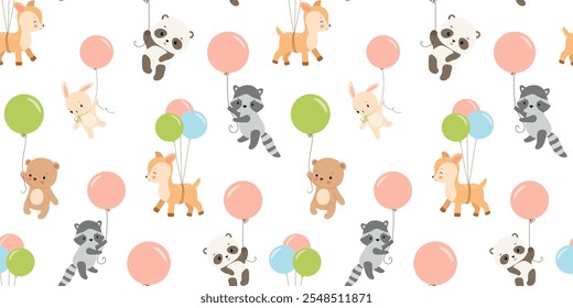 Seamless pattern with cute baby bear and bunny with balloons. Animals characters. Hand drawn illustrations on white background