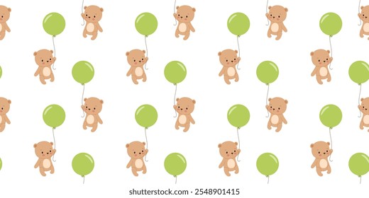 Seamless pattern with cute baby bear with balloon. Animal character. Hand drawn illustrations on white background