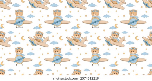 Seamless pattern with cute baby bear pilot in clouds. Animal on airplane, vector illustration on white repeat background