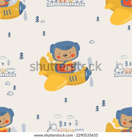 Seamless pattern with cute baby bear flying on a plane. Cartoon hand drawn vector illustration. Can be used for kid's, baby's design.
