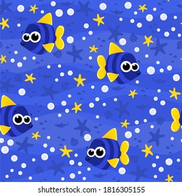 seamless pattern with cute baby blue fish. Cartoon illustration with bubbles and under the sea background. Design for baby and child. Can be tiled