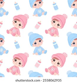 Seamless pattern Cute baby boy and girls in knitted hat and socks. Bottle with milk.
