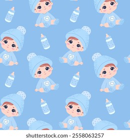Seamless pattern Cute baby boy in knitted hat and socks. Bottle with milk.