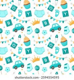 Seamless pattern with cute baby boy themed elements like a car, booties, a crown, and the letter B on a white background. Vector illustration