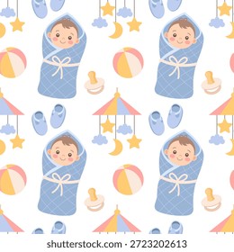 Nahtloses Muster mit niedlichem Babyboy in Decke und Babyartikeln. Kinderlicher Hintergrund, Druck.