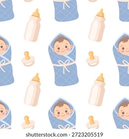 Padrão contínuo com bebê bonito menino no cobertor com garrafas e chupetas. Fundo infantil, impresso.