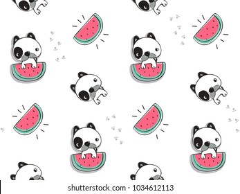 Seamless pattern, Cute baby bulldog cartoon with watermelon isolated on white background illustration vector.