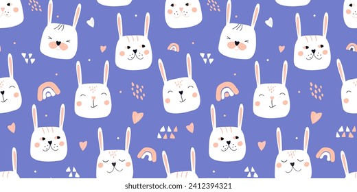 Seamless pattern with cute baby bunnies. Abstract faces of cheerful hares. Vector graphics.