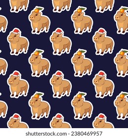 Seamless pattern of cute baby capybaras with juicy oranges and Santa Claus hats on their heads, on a blue background, New Year and Christmas card